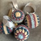 Handmade crochet Christmas tree decorations with ribbon & bells. Set of 4 