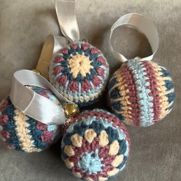 Handmade crochet Christmas tree decorations with ribbon & bells. Set of 4 