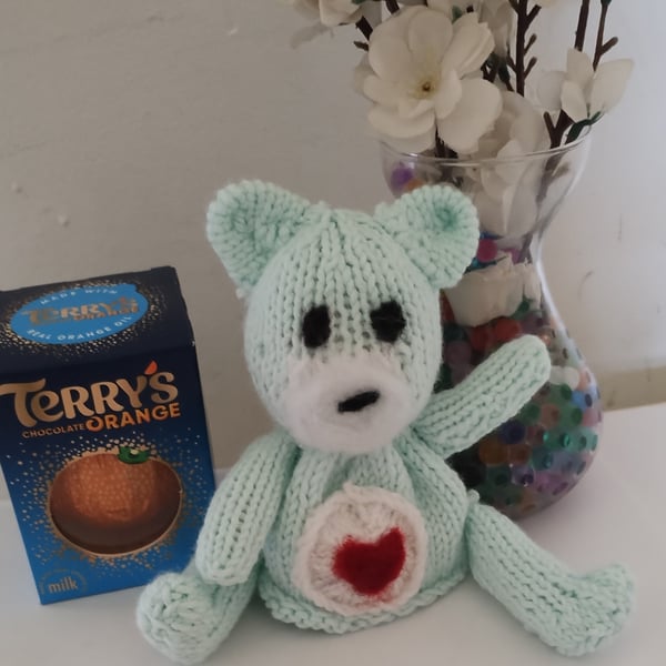 Mint green hand knitted bear chocolate orange cover 