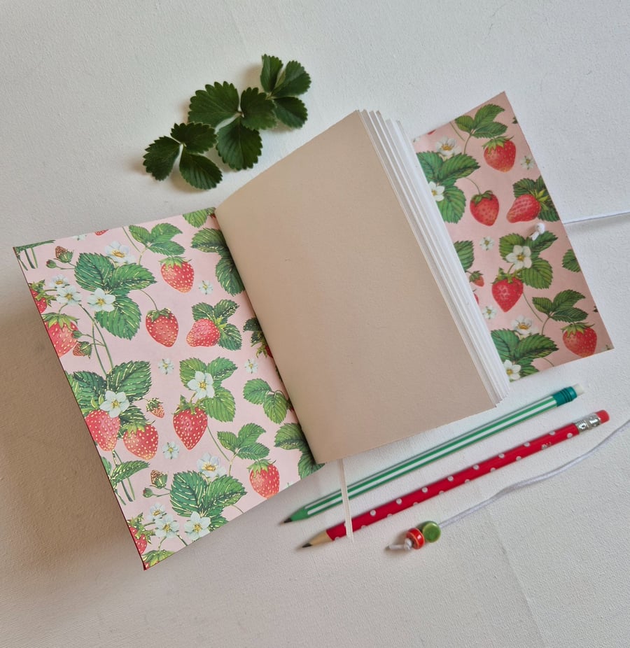Strawberry Journal, Hand Bound in Red Leather, Sketchbook or Notebook, A6