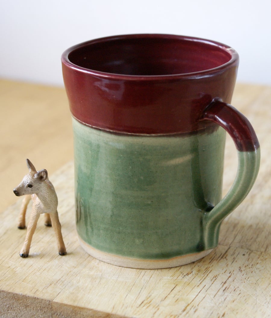 One green and red stoneware coffee mug - wheel thrown stoneware pottery