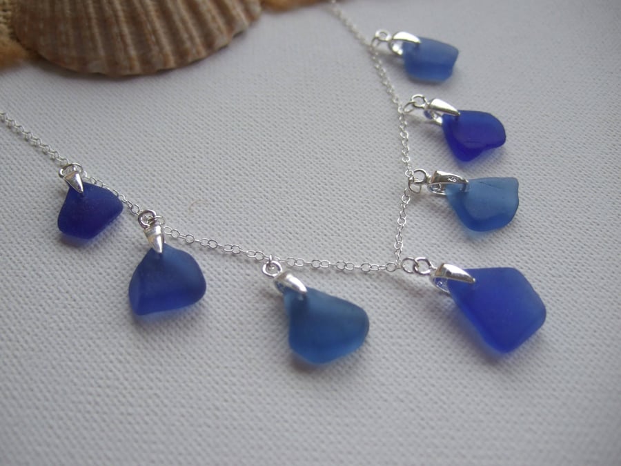 Blue sea glass necklace, ocean coloured beach glass necklace, Scottish blues col