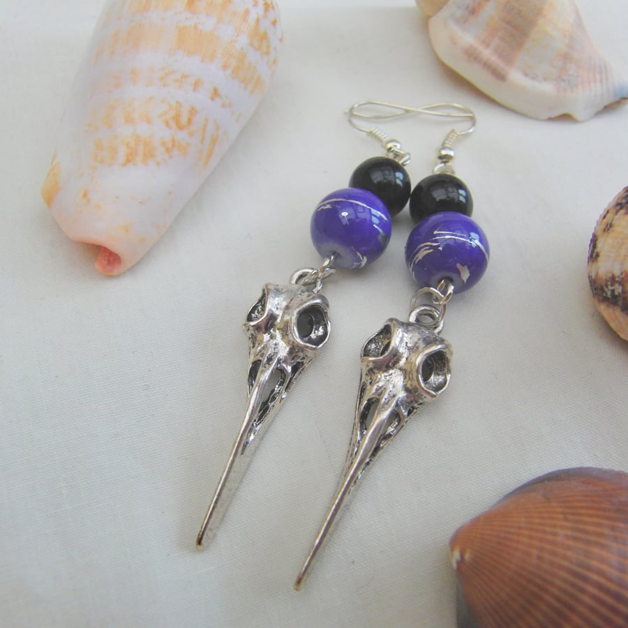 Black and Blue Beaded Earrings with Bird's Skull Charm, Halloween Earrings