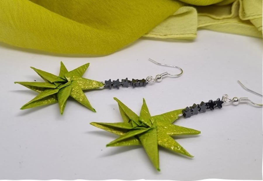 Origami star shaped earrings. Lime green pearlescent paper and  hematite stars