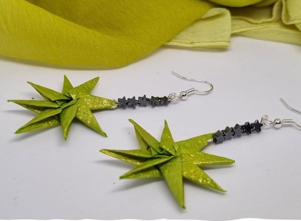 Origami star shaped earrings. Lime green pearlescent paper and  hematite stars