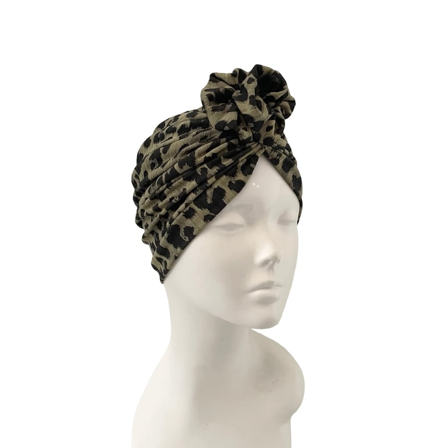 Khaki Leopard Turban Hat Prettied Head Wrap Soft Comfy Retro Style Head Scarf 