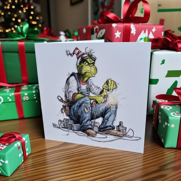 Welder Grinch Christmas Card Funny Holiday Card with Envelope