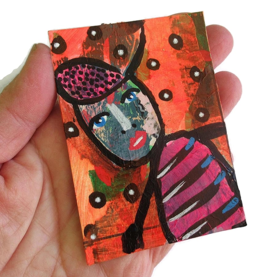 OOAK Miniature ACEO ATC Outsider Art Surreal Figurative Tiny Red Orange Artwork