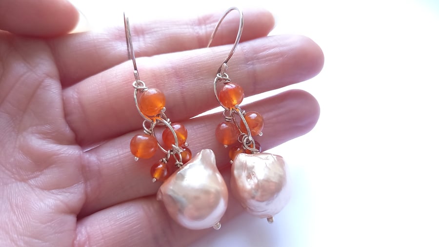 Seconds Sunday - Carnelian and Electroplated Gold Pearl Waterfall Earrings 