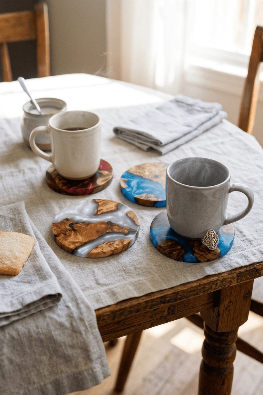 Dinner Party Scottish Lochs Wood Resin Coasters Handmade - 4 Set - Housewarming