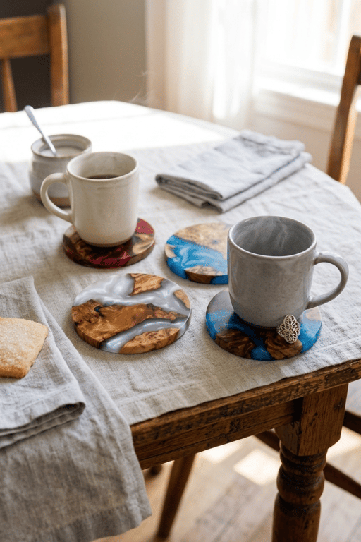 Dinner Party Scottish Lochs Wood Resin Coasters Handmade - 4 Set - Housewarming