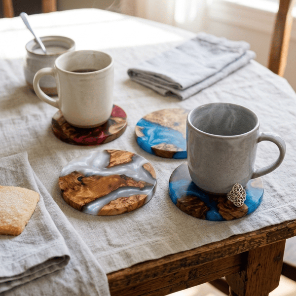 Dinner Party Scottish Lochs Wood Resin Coasters Handmade - 4 Set - Housewarming