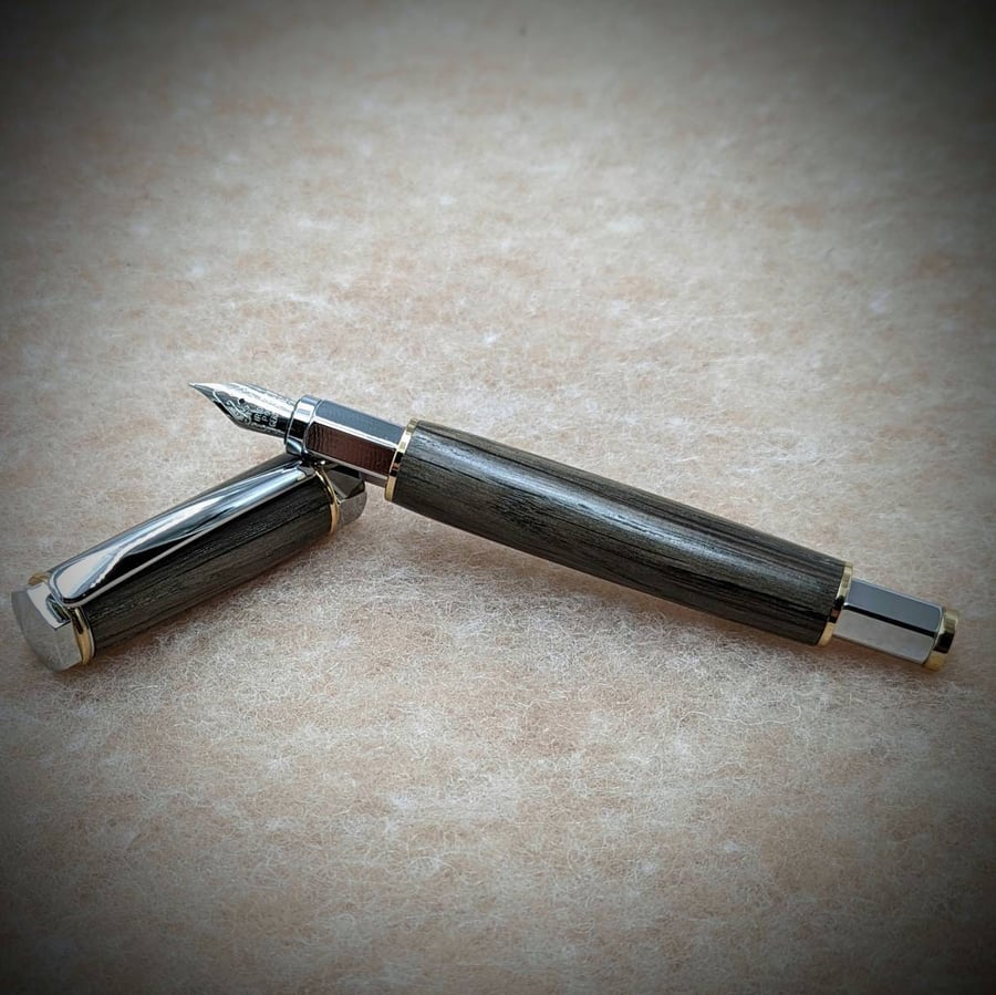 Handmade bog oak vertex wooden fountain pen - chrome fittings gold accents