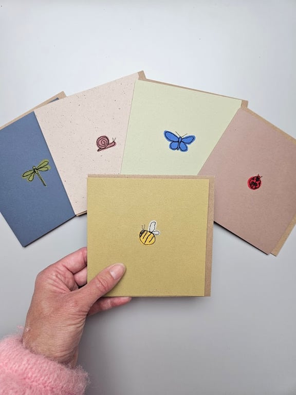 Handmade embroidered set of notelets, ladybird, butterfly, dragonfly, snail, bee