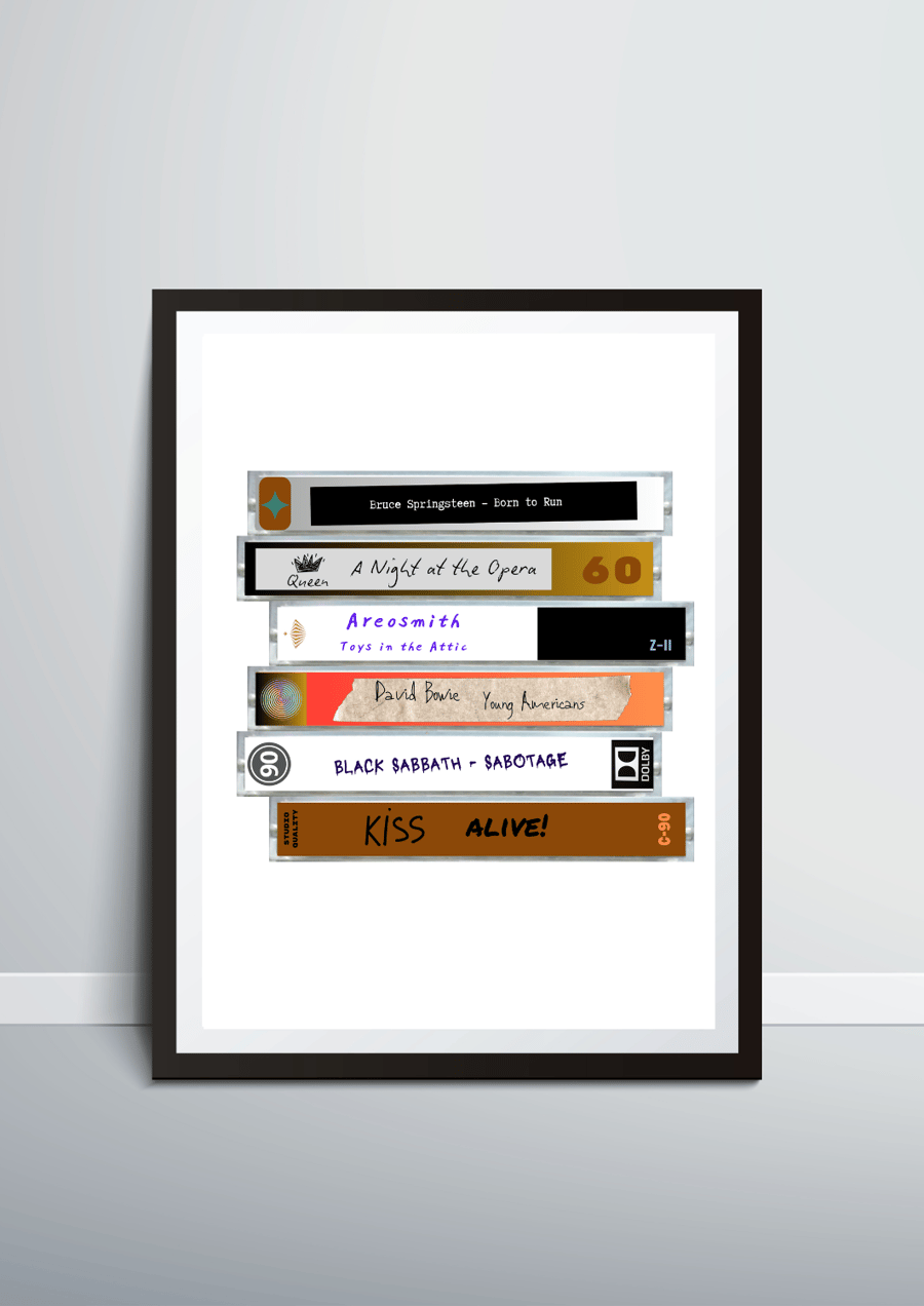 A4 Music Art, Cassette stack, Favourite Playlist, 1975, 50th Birthday