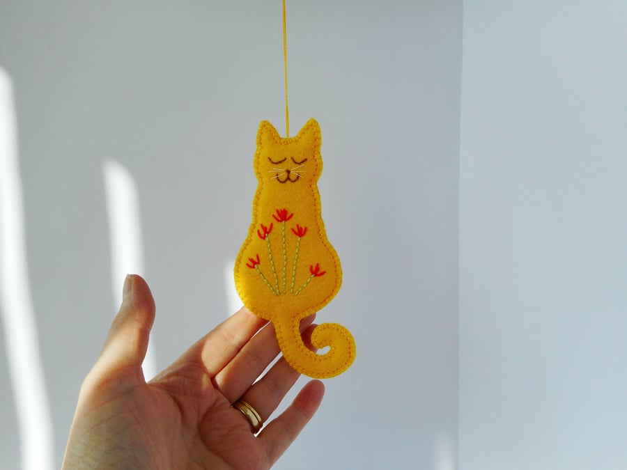 Sold. Tulip - yellow felt cat hanger with hand embroidery