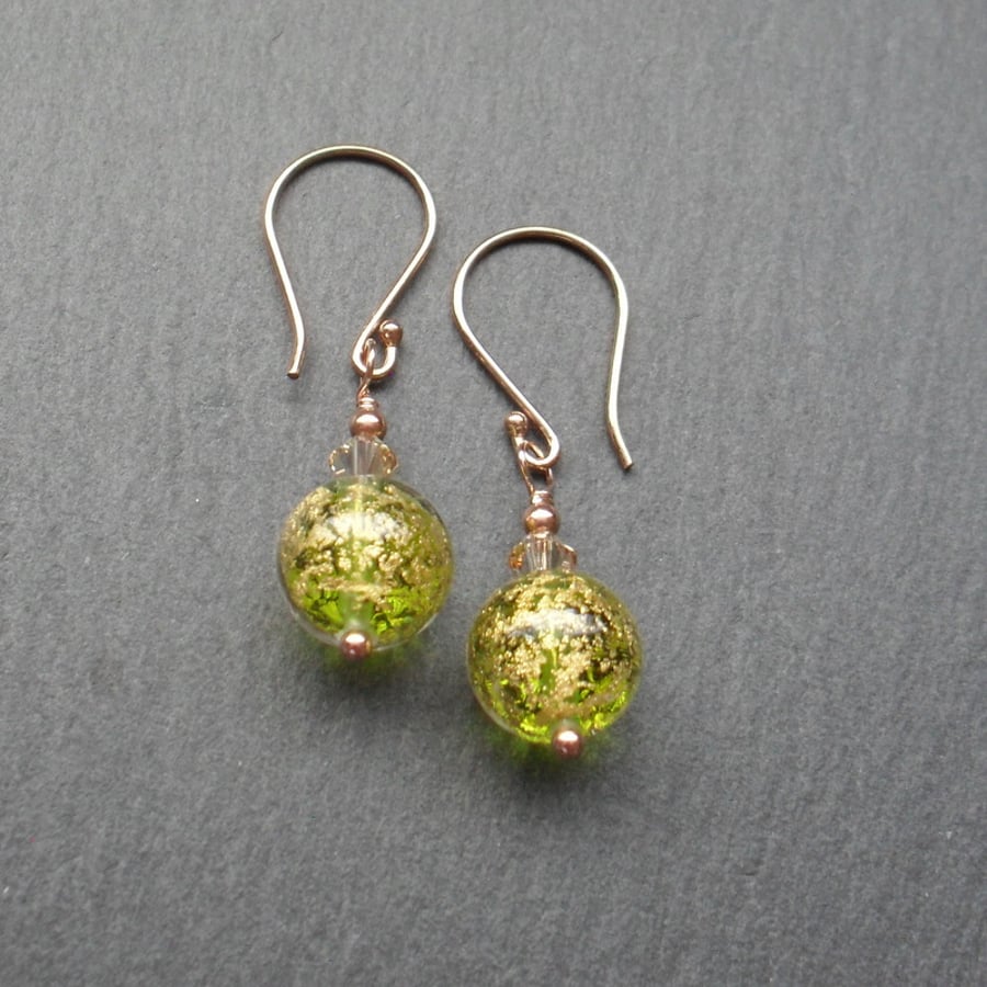 Rose Gold Vermeil Murano Green Glass Earrings With Swarovski