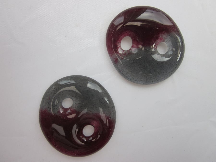 Handmade pair of cast glass buttons - Round red grey jelly