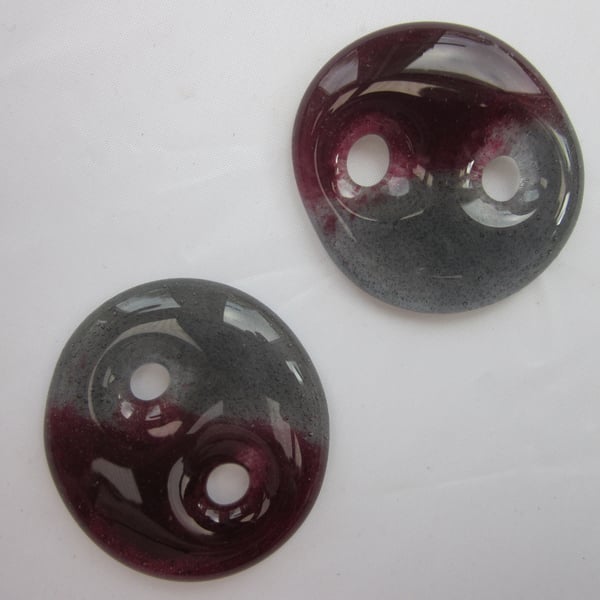 Handmade pair of cast glass buttons - Round red grey jelly