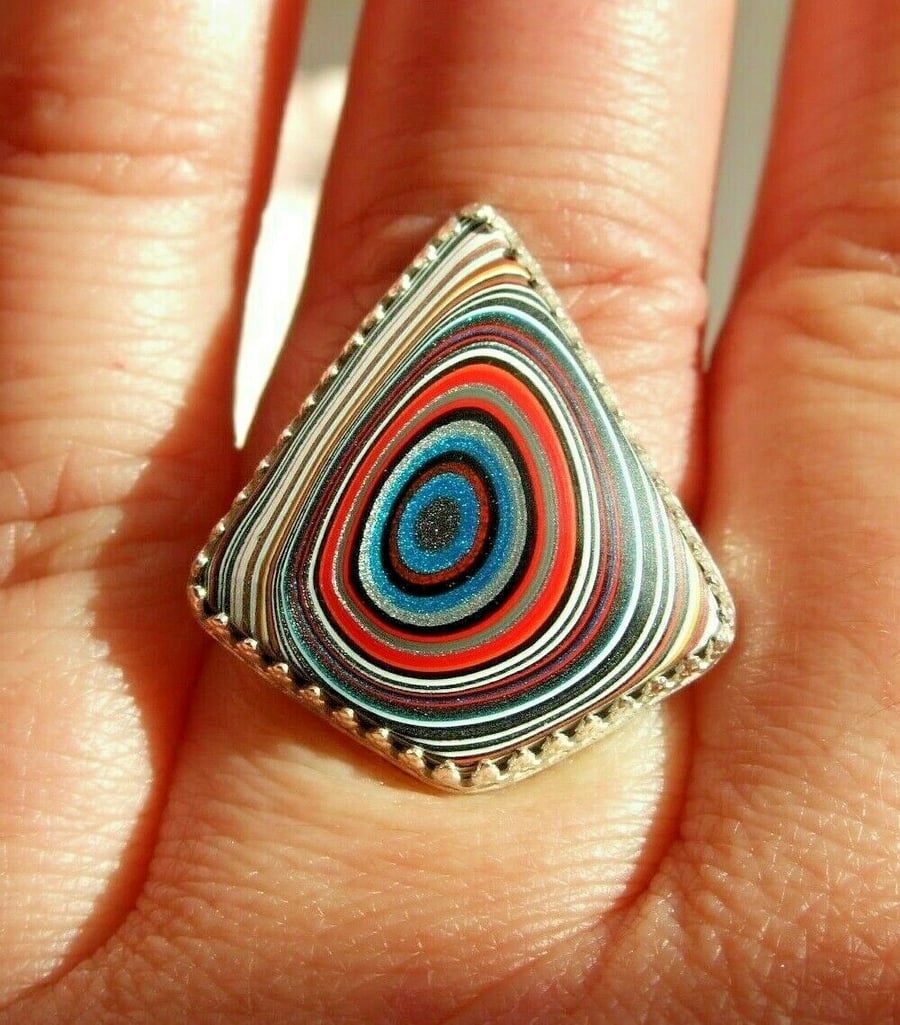 Fine Silver & Sterling Silver Statement Adjustable Ring with Multi Fordite