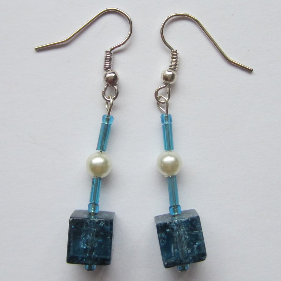 SALE Blue Cube Bead Earrings