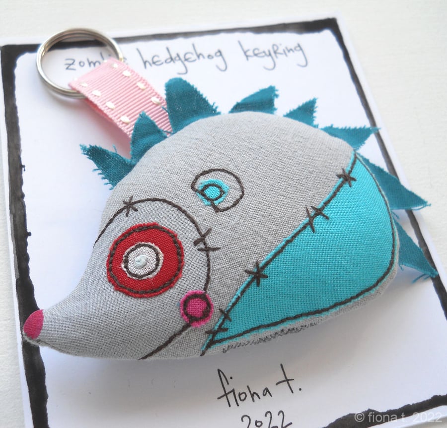 freehand embroidered zombie hedgehog keyring bag charm blue