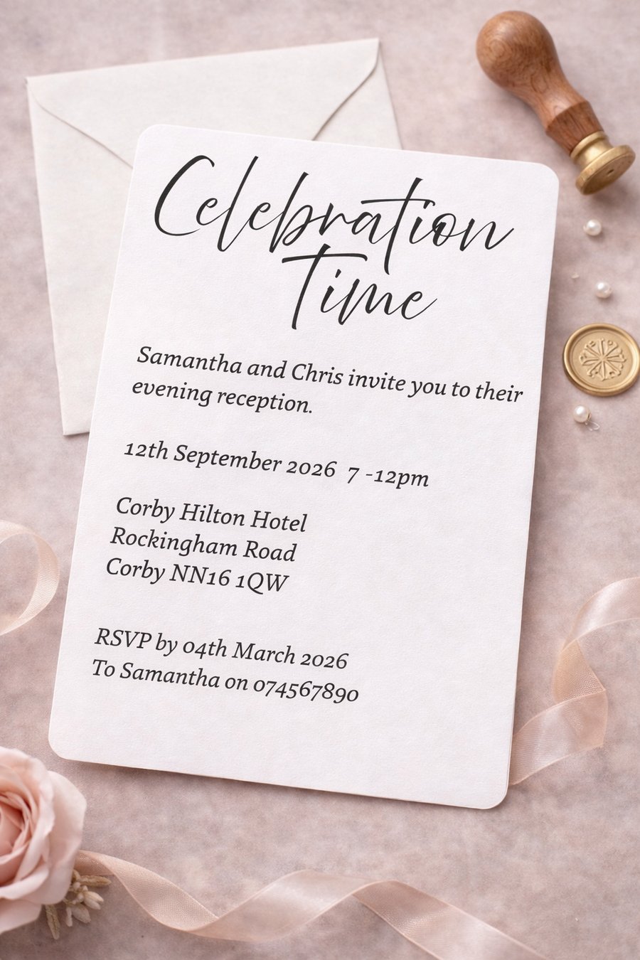 Black and White Evening Wedding Invitation Card with matching Envelope