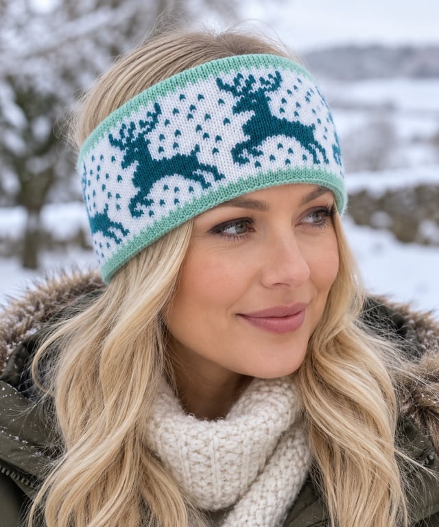 Ladies Hand-knitted Headband, Teal, White, Mint Reindeer Design