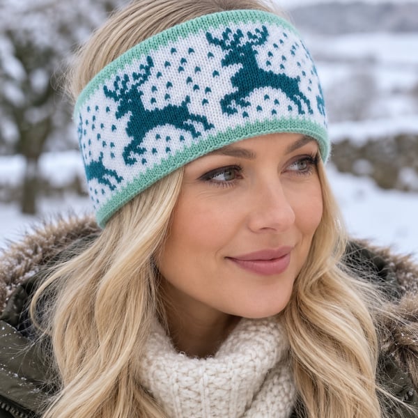 Ladies Hand-knitted Headband, Teal, White, Mint Reindeer Design