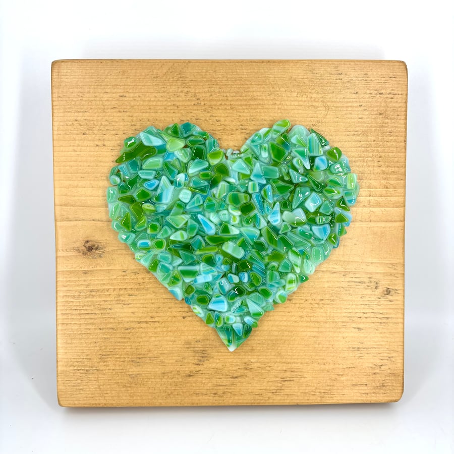 Opaque Green Crushed Glass Heart on Reclaimed Wood