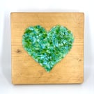 Opaque Green Crushed Glass Heart on Reclaimed Wood