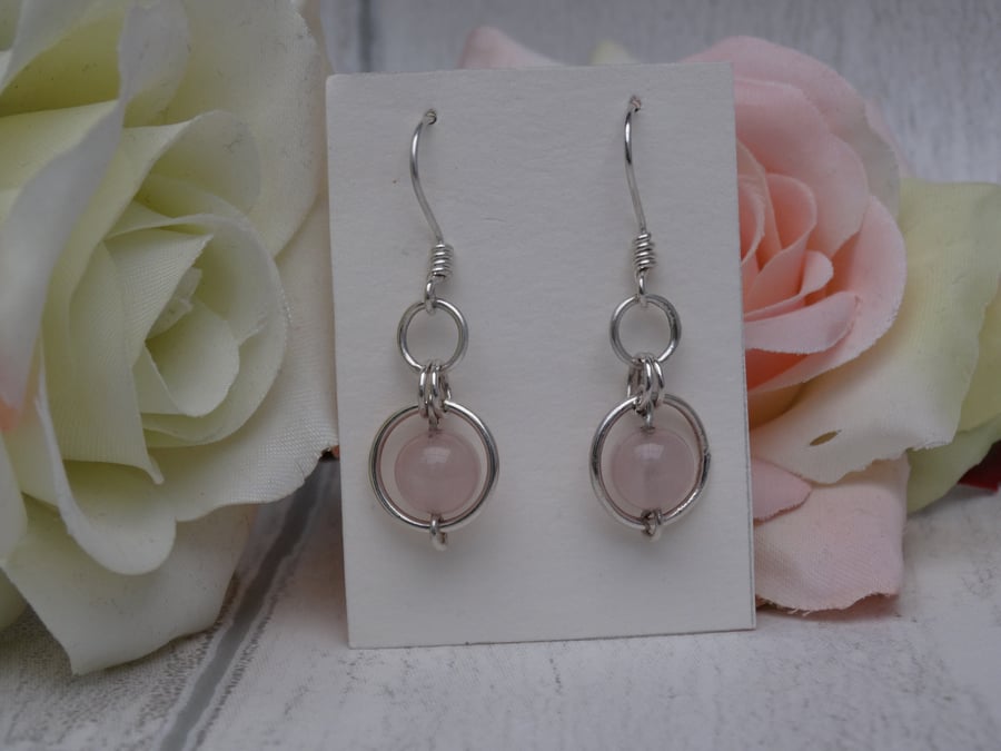 Rose quartz gemstone dangle earrings silver circles heart chakra love nurturing