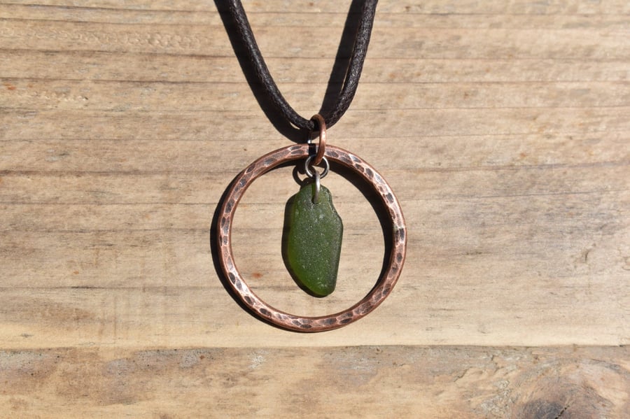 Dark Green Sea Glass and Copper Adjustable Waxed Cotton Cord Necklace