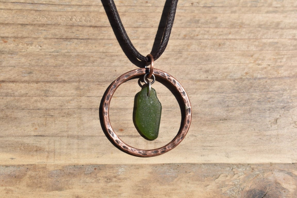 Dark Green Sea Glass and Copper Adjustable Waxed Cotton Cord Necklace