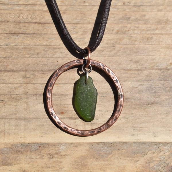 Dark Green Sea Glass and Copper Adjustable Waxed Cotton Cord Necklace