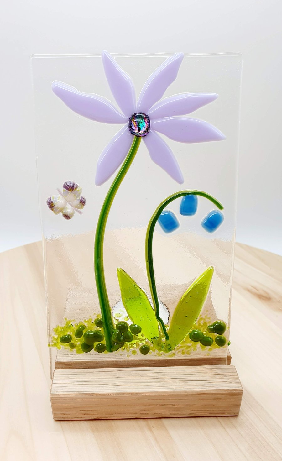 Fused Glass Flower Panel on Wooden Tealight Holder