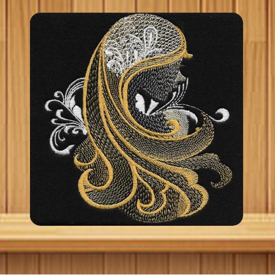 Handmade gold female profile greetings card embroidered design