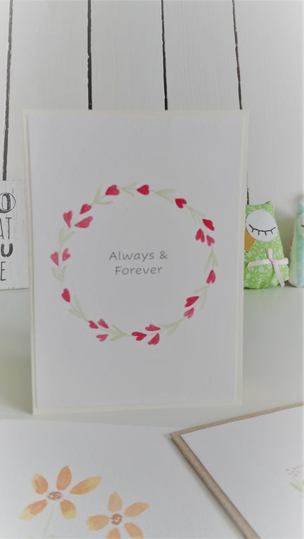 Original Hand Painted "Always & Forever" Card with Red Heart Flower Wreath