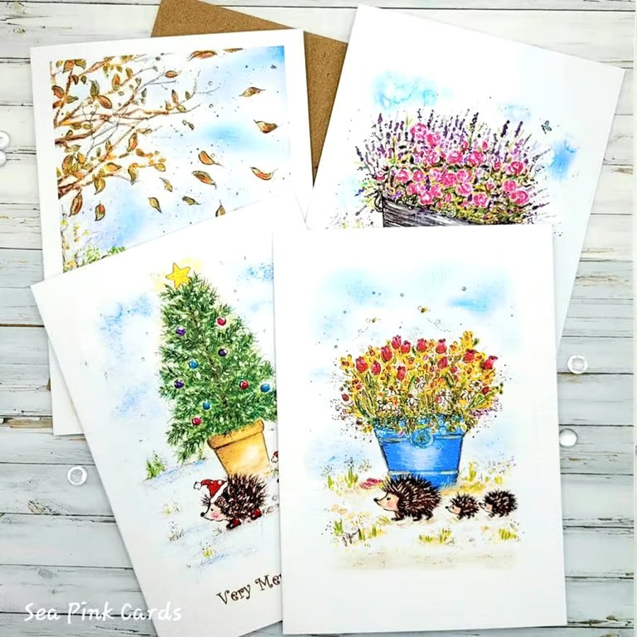 Hedgehog Card Set - 4 cards - original art, four seasons, all occasions, gift  