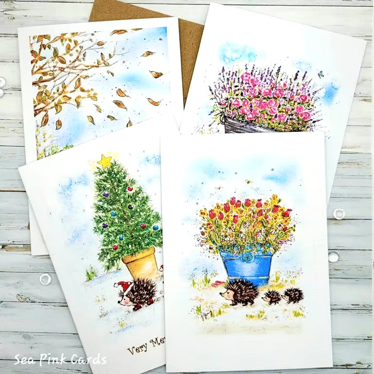 Hedgehog Card Set - 4 cards - original art, four seasons, all occasions, gift  