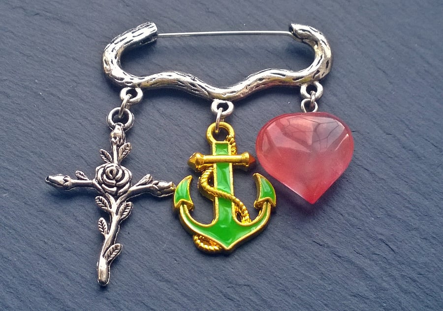 Faith, Hope and Charity Brooch Bag Dangle. Strawberry Quartz