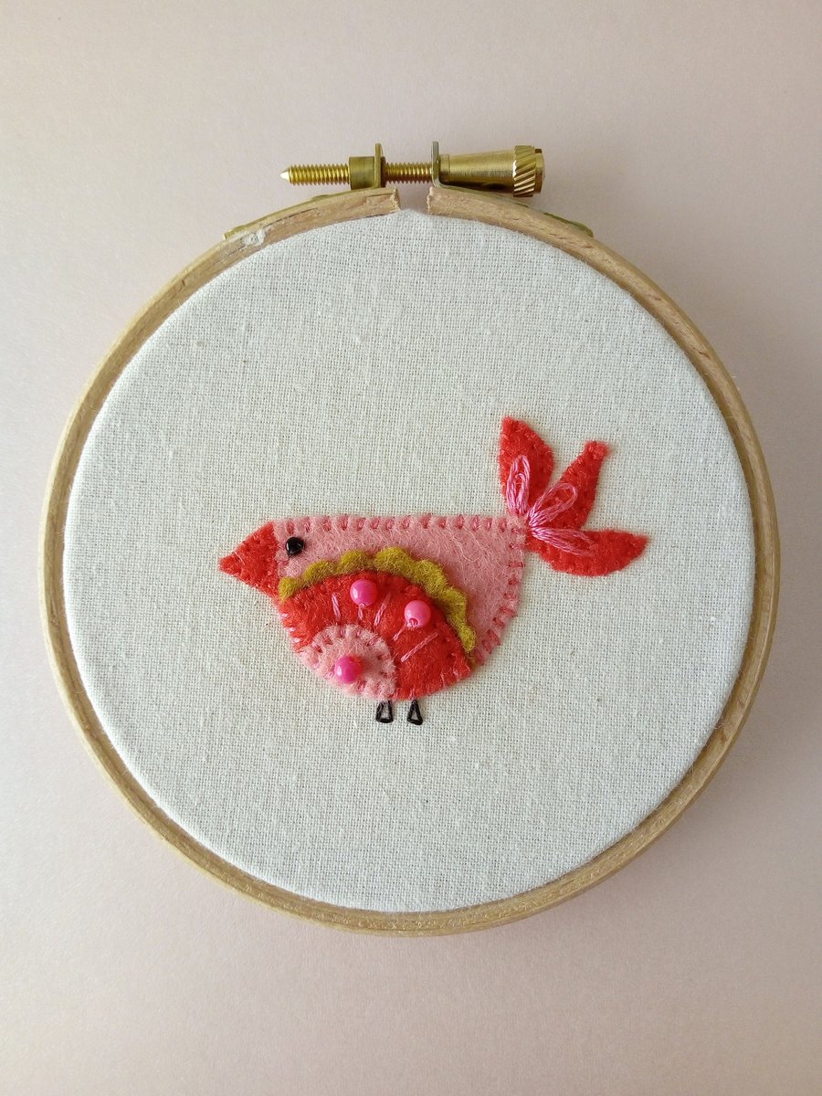 Bird - 4" Wooden Hoop, Cute, Felt, Hand Sewn, Embroidered, Hanging Decoration,
