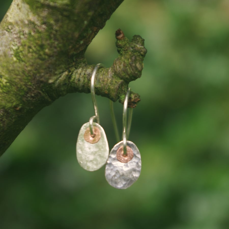 Simple Silver and Copper Hammered Oval Earrings 