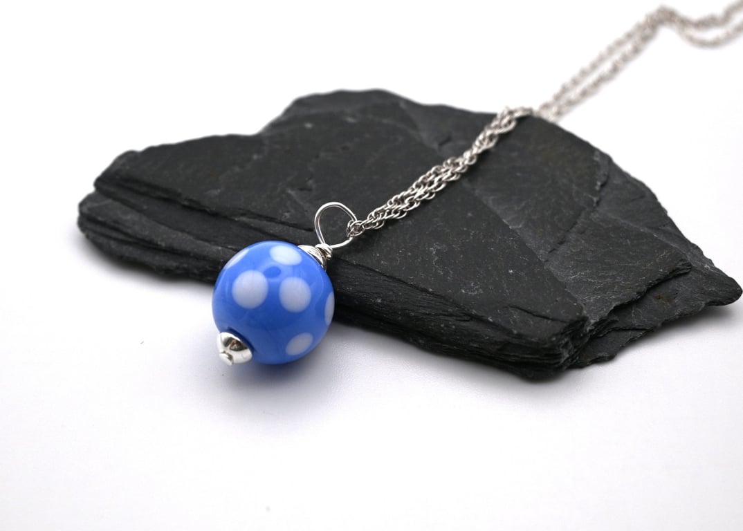 blue polka dot lampwork glass pendant necklace