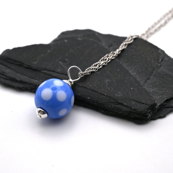 blue polka dot lampwork glass pendant necklace