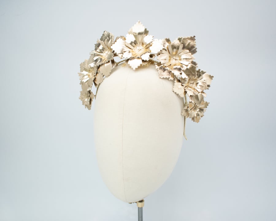 Gold Headpiece - Bridal Leather Floral Crown, Races Millinery