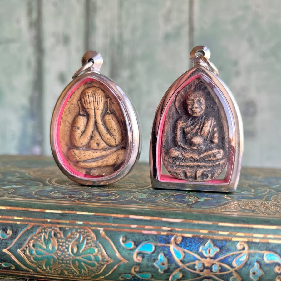Thai Buddha clay amulets, hanging decoration, mixed media materials