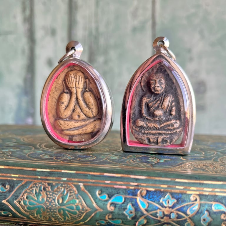 Thai Buddha clay amulets, hanging decoration, mixed media materials