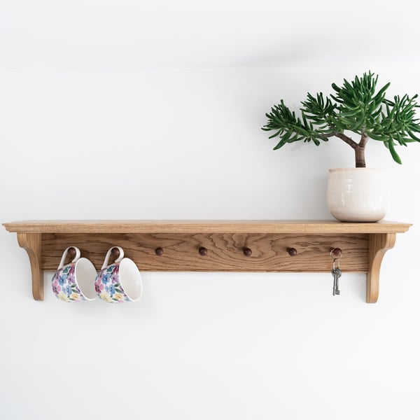 Shaker Peg Shelf, Coat Rail, Solid Oak, Utility Shelf, Mug Rack, Coat Rack, Kitc