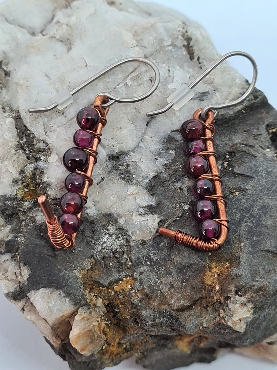 Handmade Titanium Garnet Dangle Earrings Copper Wire Wrapped